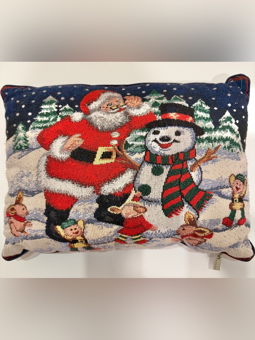 Vintage Christmas Santa Claus Snowman Elves Tapestry Throw Pillow 17x11 Holiday